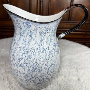 Vintage Collectible White Blue Black Old Country Metal Water Pot Pitcher